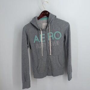 Aeropostale Aero Eighty Seven Spellout Full Zip Hooded‎ Sweatshirt Gray Size M